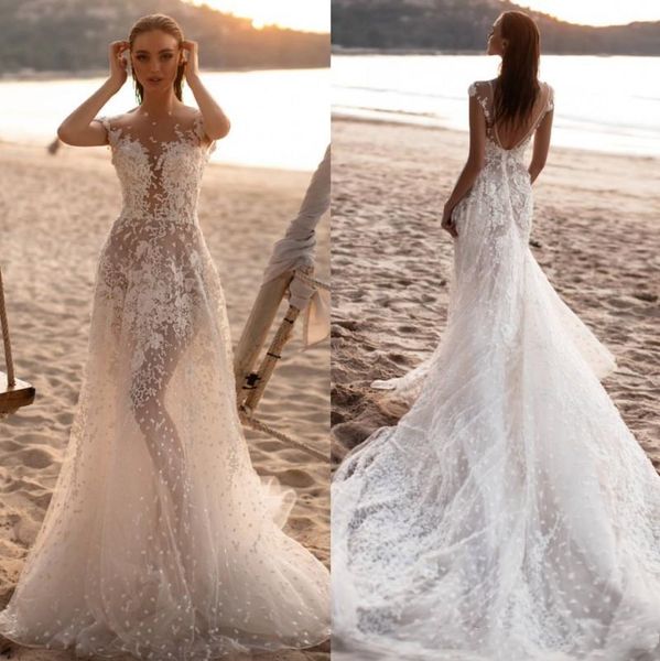 

berta 2020 mermaid wedding dresses sheer bateau neck lace appliqued beaded bridal gowns tulle sweep train robe de mariÃ©e, White