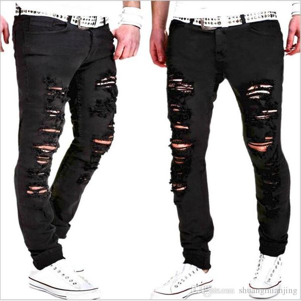 

2019 мужских прохладный черный джинсы тощего ripped разрушаемого stretch slim fit hip hop брюки с отверстиями для мужчин, Blue