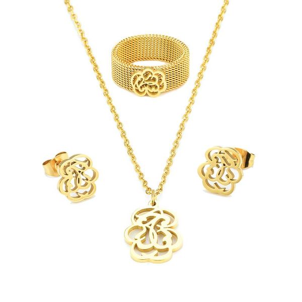 

set flower sharp earrings necklace ring stainless steel jewelry set sell lover gift for girl, Silver