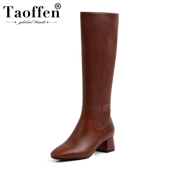 

taoffen ladies chunky heels knee high boots real leather winter warm long boots pointed toe fashion shoes size 34-39, Black