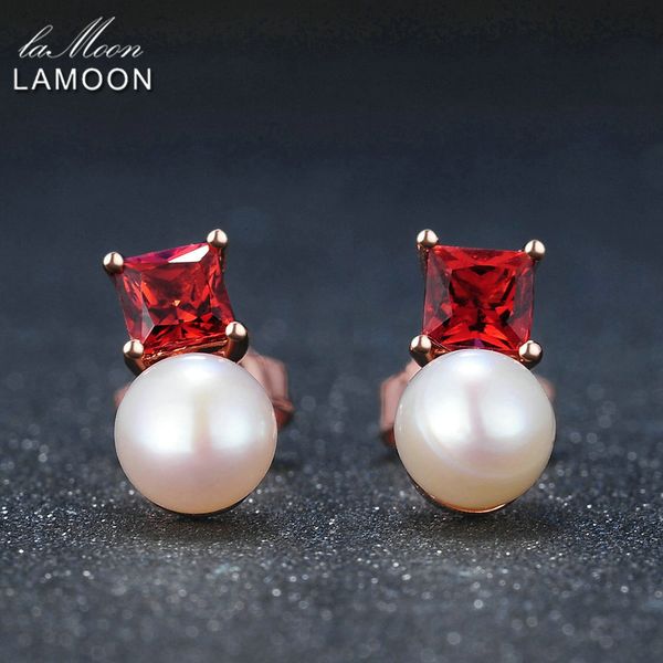 

lamoon simple style 100% natural red garnet freshwater pearl 925 sterling-silver-jewelry earring s925 lmei038 t190626, Golden;silver