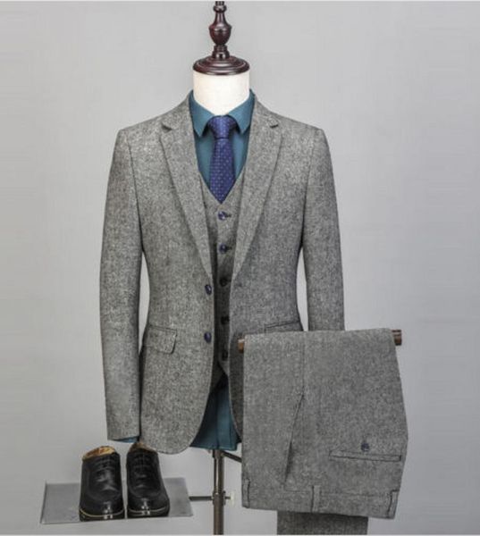 

winter grey tweed fabric man business suits groom tuxedos men prom party coat waistcoat trousers sets (jacket+vest+pants+tie) k53, Black;gray
