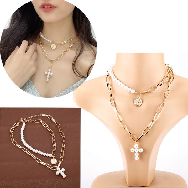 

2019 fashion gold coin jewelry luxury design imitation pearls choker necklace female cross pendant necklaces for women gift, Silver