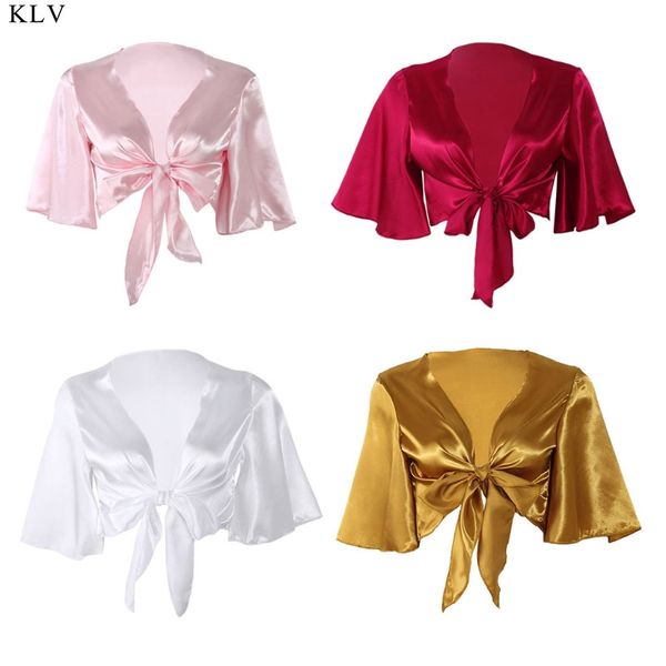 

klv women ladies satin tie knot front flared short sleeve shirt plunge neck crop top, White