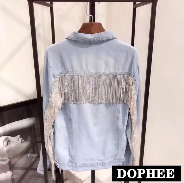 

european 2019 spring and autumn luxury water diamond tassel blue denim jacket women streetwear jeans coat loose overcoats, Black;brown