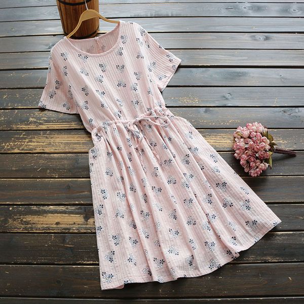 

casual dresses 6505 summer women japan style literary vintage floral print dress female o-neck short sleeve drawstring loose a-line midi, Black;gray