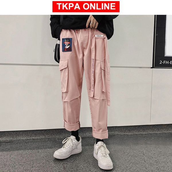 

ribbons streetwear cargo pants 2020 overalls men pocket hip hop harem pants wide leg joggers straight sweatpants 5xl, Black