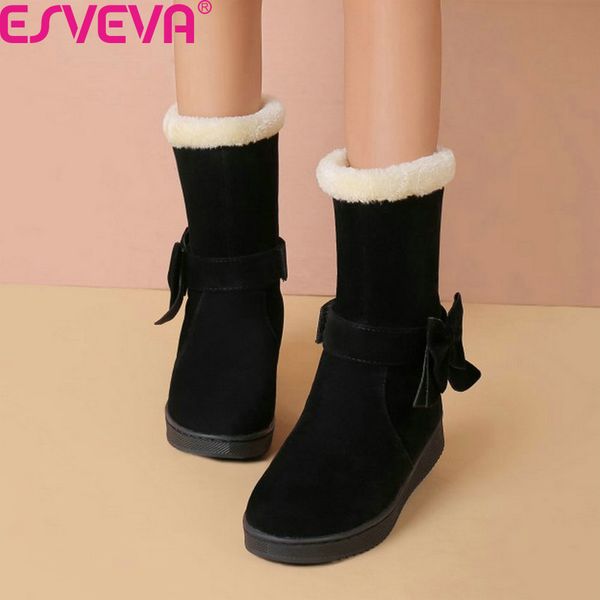 

esveva 2020 flock wedges butterfly-knot women shoes round toe plush snow boots winter warm fur slip on mid calf boots size 34-40, Black