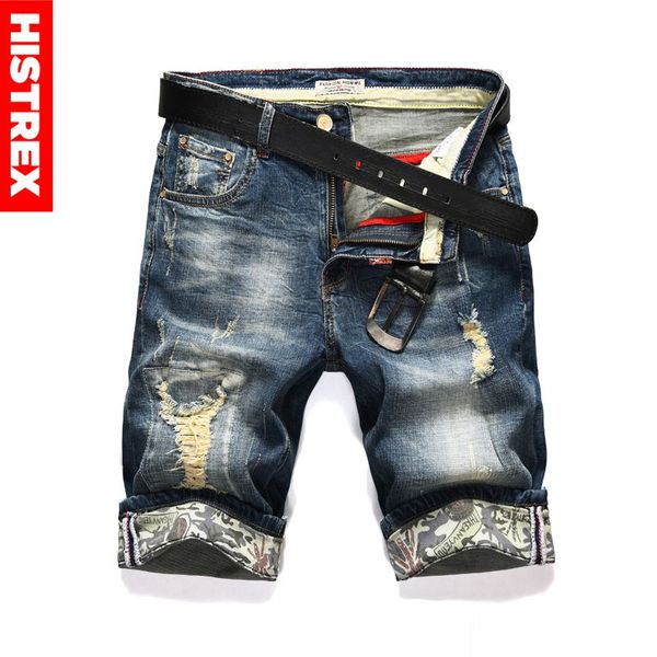 

histrex jeans shorts men brand ripped summer men's fashion biker casual elasticity distressed hole blue denim short #hjt8e, White;black