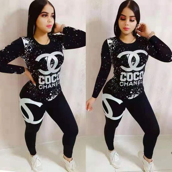 

women designer two pieces set a1 chanel womens sportswear long sleeve 2 piece set tracksuit lettered splash print printing sports, Gray