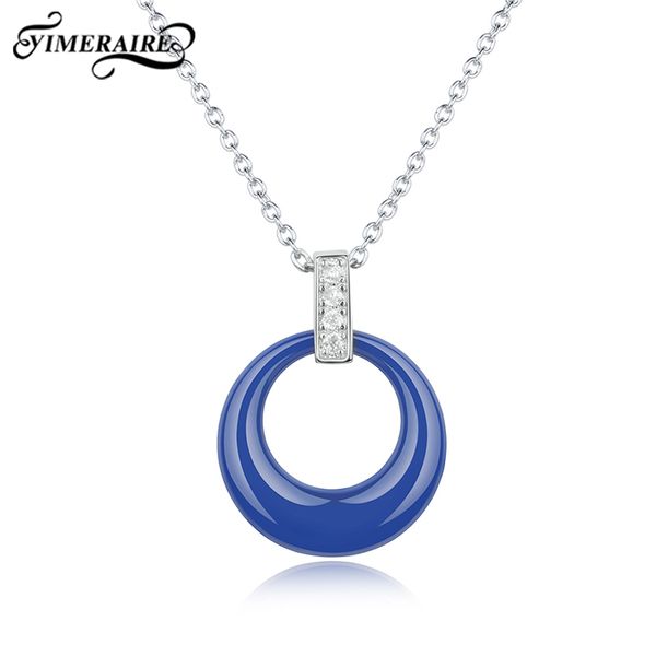 

elegant healthy ceramic hollow round pendant necklace with blue black pink color 45cm stainless steel chain for women party gift, Silver