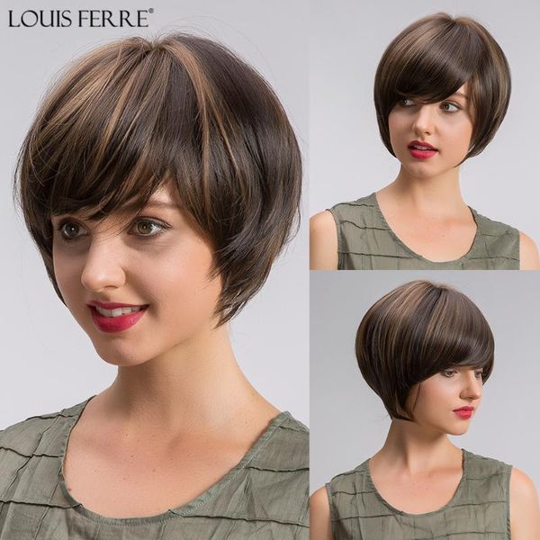 

louis ferre short synthetic bob wigs with side bangs for women straight black mixed brown heat resistant cosplay costume wig