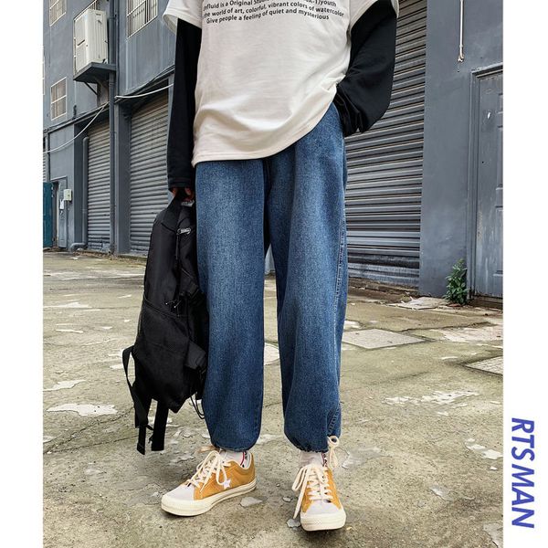 

202 spring and summer new youth popular men's solid color loose jeans fashion casual wild hit color drawstring beam pants, Blue