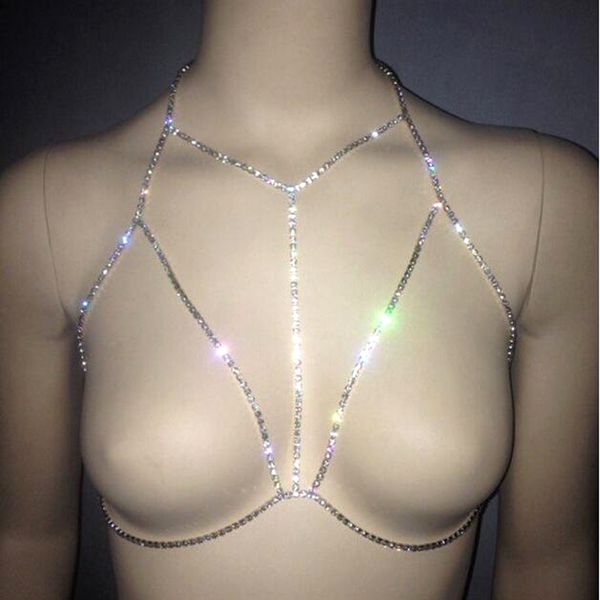

other 2021 silver crystal body chains rhinestone bra necklace bikini chain women beach party jewelry, Slivery;golden