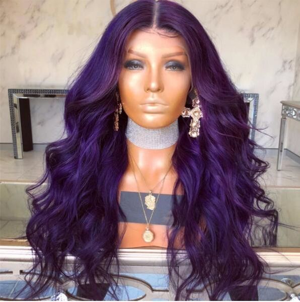 Purple Color Human Hair Lace Front Wigs Loose Wavy Virgin