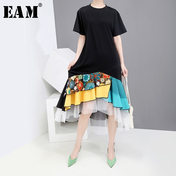 

party dresses [eam] 2021 spring summer round neck short sleeve black hem pattern printed mesh temperament loose dress women fashion jw787, White;black