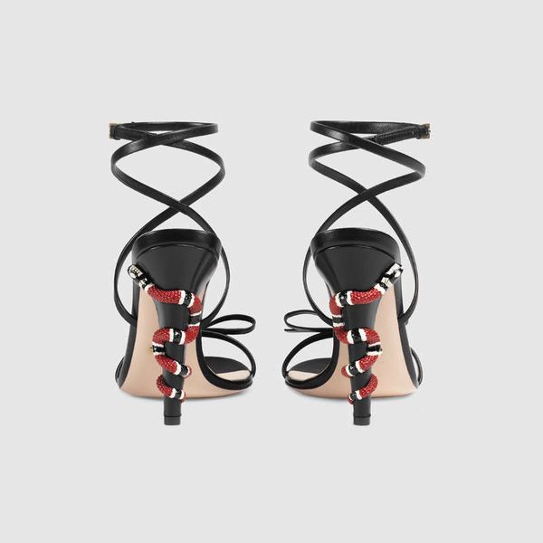 

2019 catwalk models lucky classic design lip snake bow-tie open toe strap .5cm stiletto heels sandals black 34-43 2