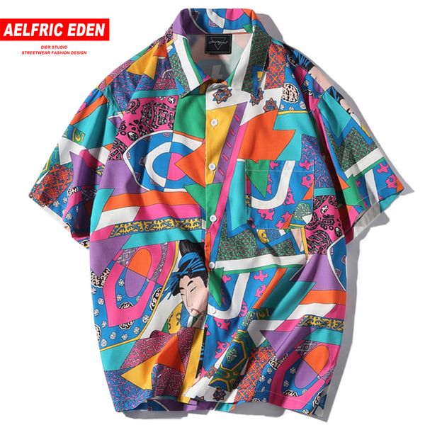 

aelfric eden short sleeve shirt men hip hop japanese streetwear silk ukiyoe casual shirt man summer fashion hawaiian shirts he01, White;black