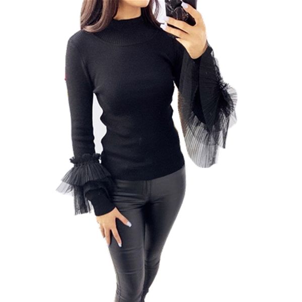 

slim mesh splice sleeve knit sweater women 2020 autumn fashion solid high collar long sleeve ladies pullover thin sweaters, White;black