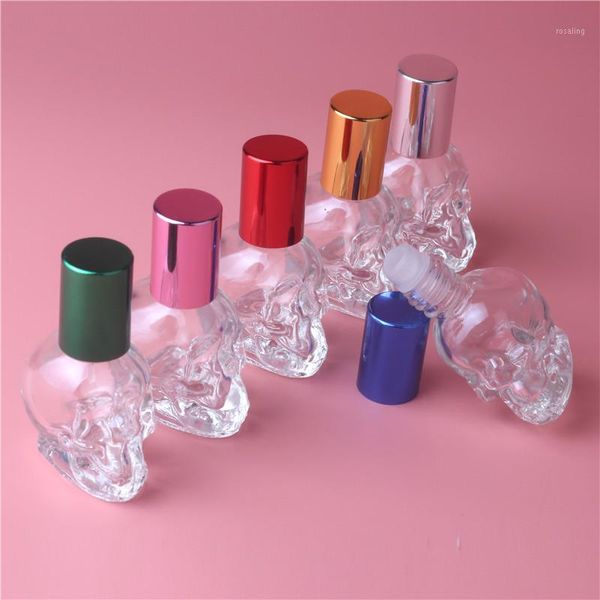 

1pcs 8 ml 6color skull shape mini small empty glass roll on perfume bottle glass sample bottle with aluminum cap metal roll ball1
