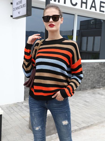 

new winter girl women knitted pullovers rainbow striped sweater shirts women full sleeve v neck casual loose knitted jumper, White;black