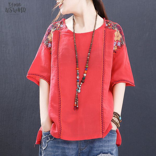 

new 2020 ethnic flower embroidered summer t shirt short sleeved national style cotton linen women t shirt 4 colors, White