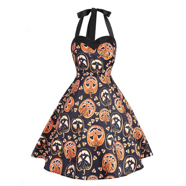 

retro hepburn style halter halloween dress for gril women halloween pumpkin print sleeveless party swing mini dress, Black;gray