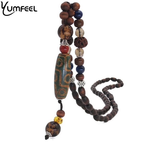 

yumfeel ethnic jewelry necklace natural wood beaded green stone pendants & necklace women man gifts, Silver