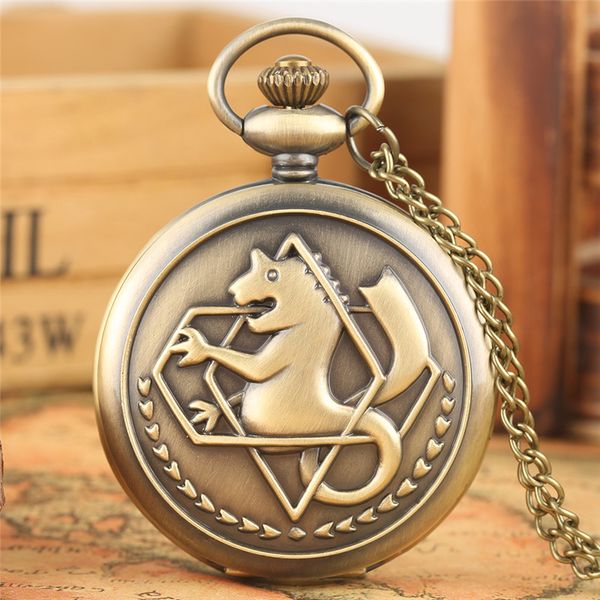 Ретро бронзовые полнометальные алхимические сплавные карманные часы с помощью ожерелья с ожерельем косплей Эдвард Элрик Аниме для мужчин Женщины