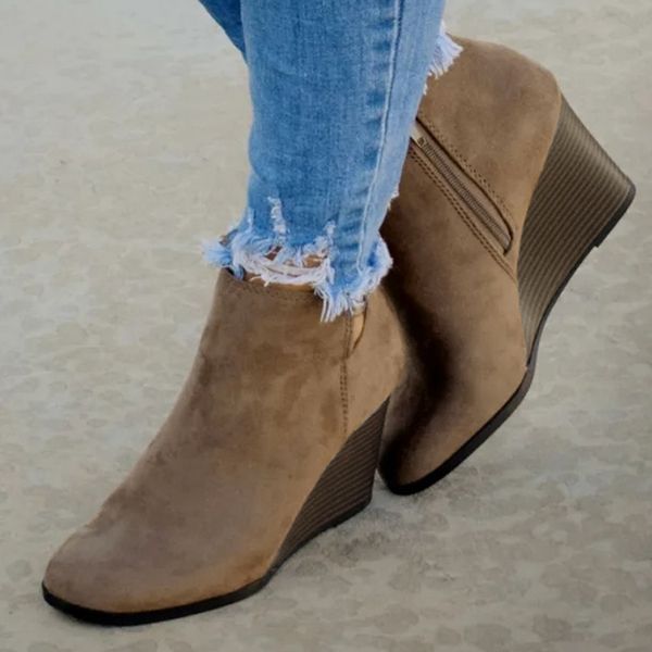 

boots women winter solid ankle boots suede wedges zipper boots-women basic round toe rubber botines mujer 2019 #0819, Black