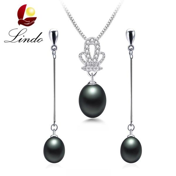 

fashion black natural freshwater pearl jewelry sets for women elegant 925 sterling silver wedding jewelry with box earrings set