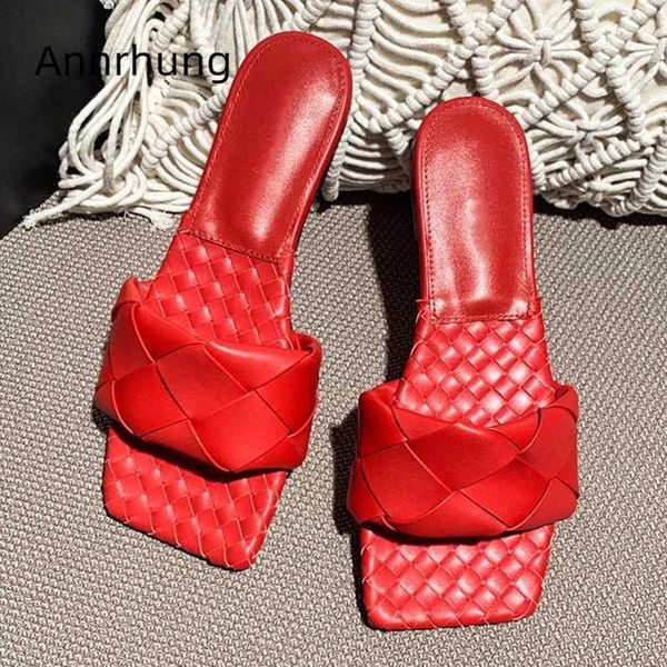 

big plaited one-strap flat lazyman mules square toe open toes genuine leather knitted 2020 summer slim slippers women, Black