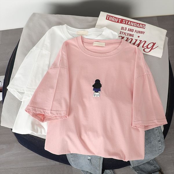 

pink cotton short sleeve t-shirt women's 2020 simple ins loose half t-shirt embroidery embroidery sleeve fashion, White