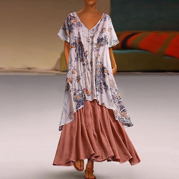 

women vintage bohemian print floral dress casual short sleeve v-neck maxi dress streetwear, Black;gray