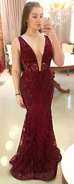 

2020 arabic aso ebi burgundy lace beaded evening dresses deep v-neck mermaid prom dresses formal party second reception gowns zj218, Black;red
