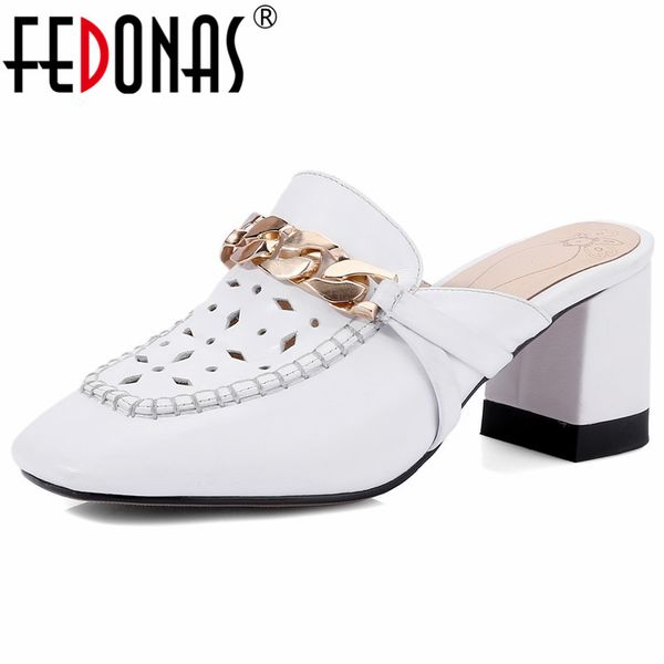 

fedonas summer new classic square toe women pumps slip on mules hollow genuine leather casual shoes woman party single shoes, Black