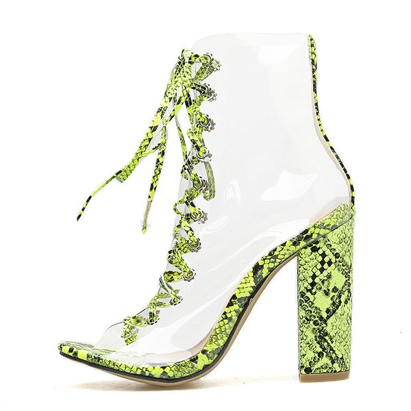 

clear pvc women pumps sandals chunky heels lace up pumps mujer ladies snkake print summer boots party women pumps green zapatos c14, Black