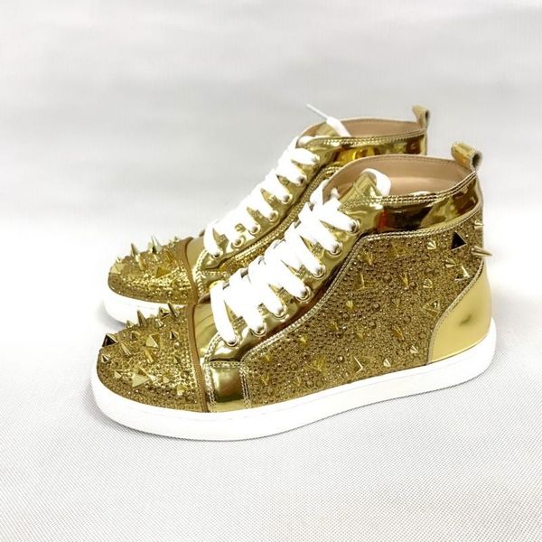 

2019 new designer gold leather red bottom brand high-spike cow suede calfskin sneakers luxury party wedding shoes leather casual shoes, Black