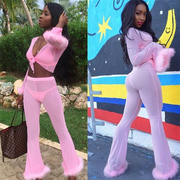 Pink Feather Chiffon See Though Mesh Long Sleeve Bra + V-Neck Cop Top +Thong +wide Pant Women's 4 piece Set Tracksuit Outfits
