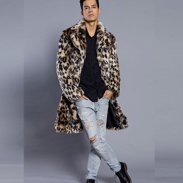 

2018 новых мужчин зимняя куртка из искусственного меха печати леопарда с длинным рукавом воротник с лацканами толстый теплый мода человек шу, Black;brown