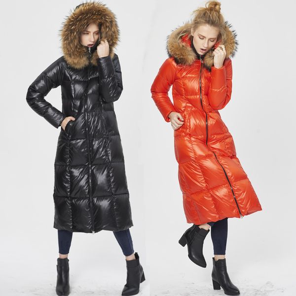 

veydu 2019 x-long women winter down jackets with real fur hood thickening warm jackets slim brand parka overcoats, Black