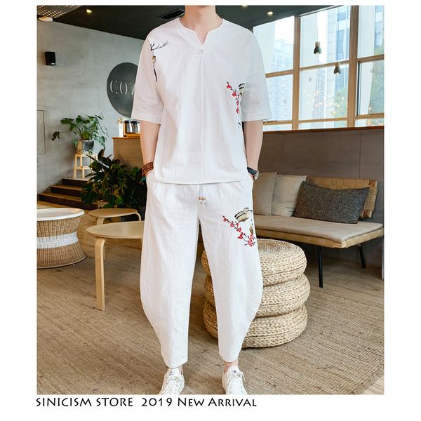 

sinicism store tracksuit men 2019 mens summer embroidery cotton linen sweatsuits male streetwear chinese vintage 2 piece sets, Gray