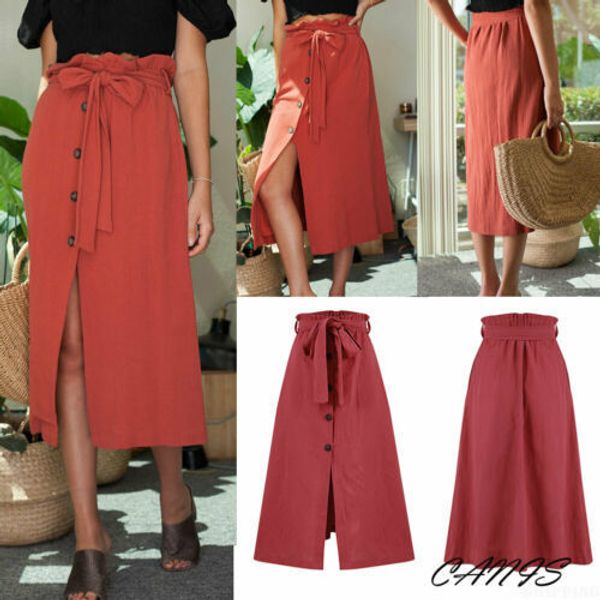 

skirts 2021 womens midi skirt high waist front slit button bandage, Black