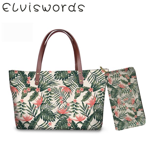 

elviswords women fashion handbags set lady tote bags pu purse tropic plam leaves print casual female shoulder bag bolsa feminina