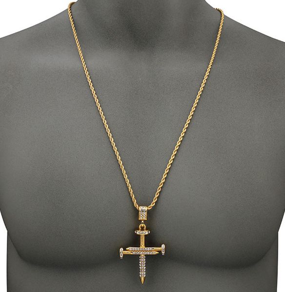 

men's hip hop necklace nail cross cz crystal gold plated stainless steel pendant box chain 24" fashion necklace