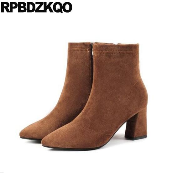 

pointed toe side zip boots fashion black brown thick big size suede fall ankle chunky high heel women 10 2019 autumn shoes plus