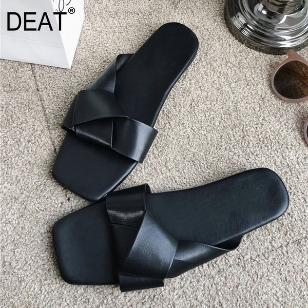 

[deat] 2020 new spring summer square toe shallow pu leather bowknot casual outside flat slippers women shoes fashion tide 10a323, Black