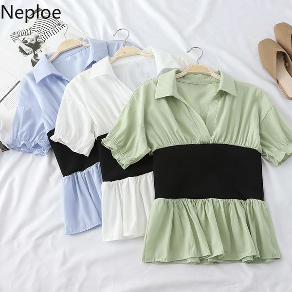

neploe retro long sleeve women blouse summer 2019 v-neck contrast color patchwork shirts fashion slim waist ladies 44224, White