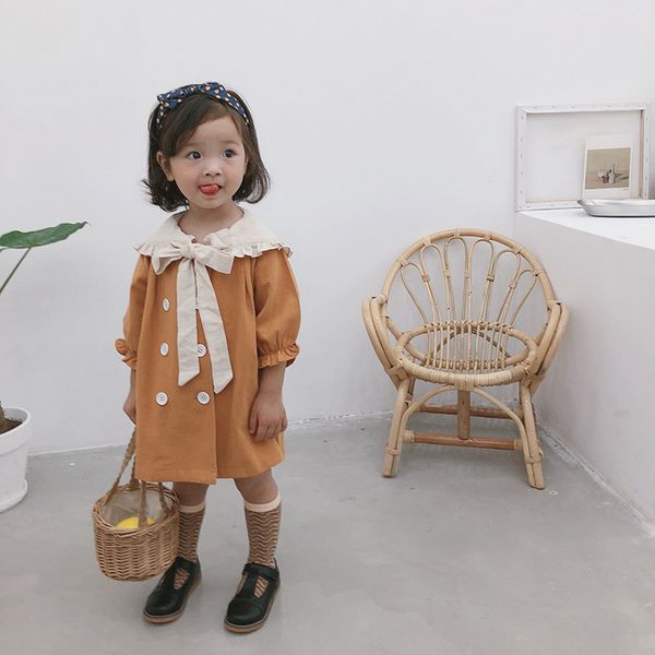 

2019 autumn children doll large lapel collar pumpkin double row buckle princess dresses baby kids long sleeve fashion dress, Red;yellow