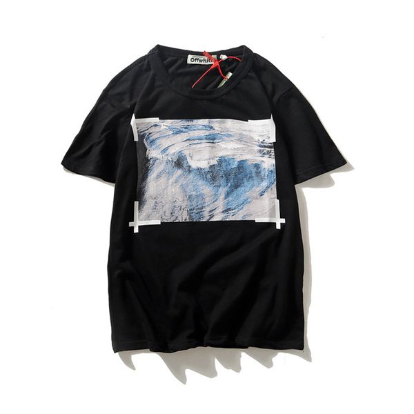 

new male and female cotton canvas waves black stripe loose round neck pullover casual short-sleeved t-shirt wholesale trade, White